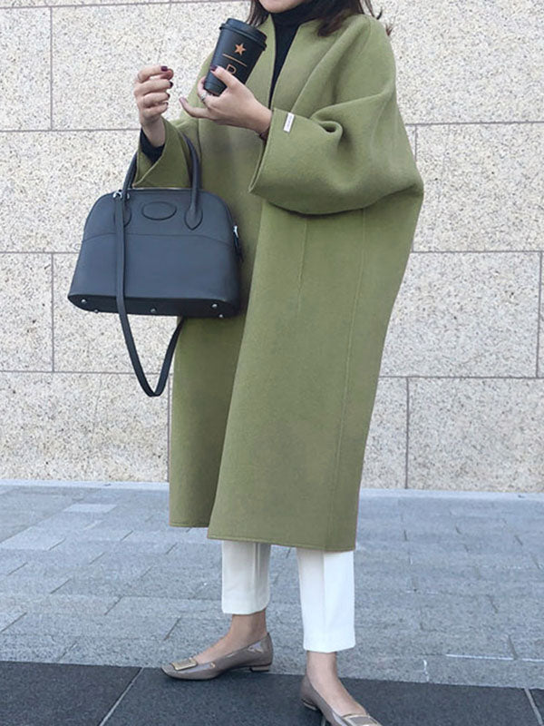 Long Sleeve Loose Solid Color Collarless Woolen Coat