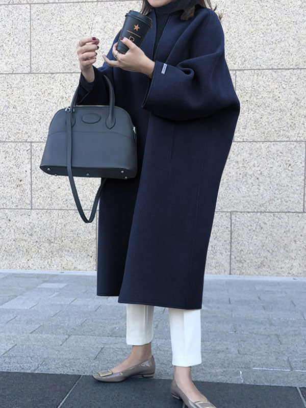 Long Sleeve Loose Solid Color Collarless Woolen Coat