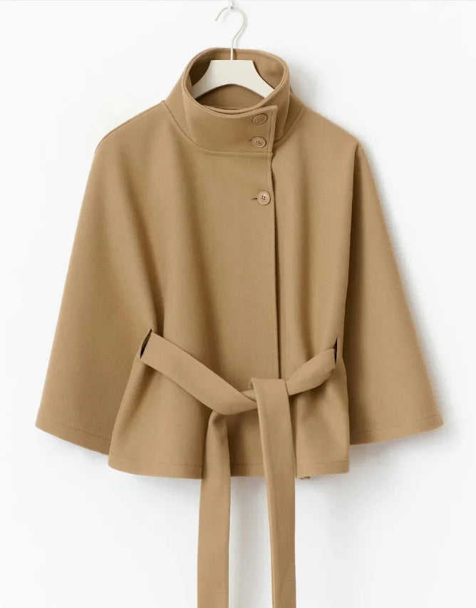 Solid Color Cape Stand Collar Button Belt Trench Coat