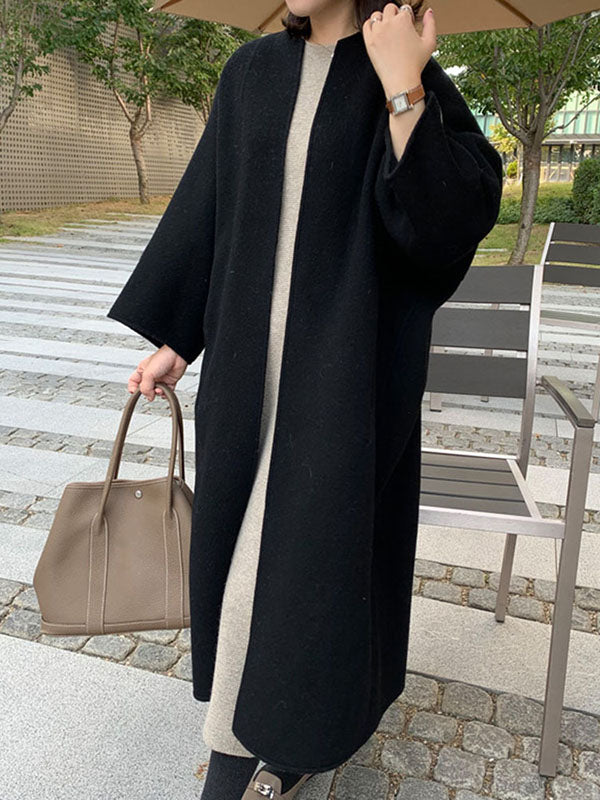 Long Sleeve Loose Solid Color Collarless Woolen Coat