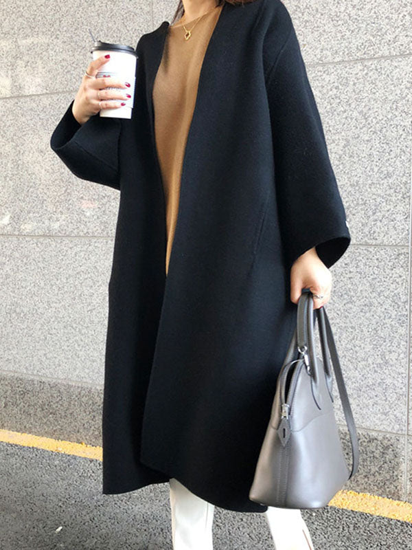 Long Sleeve Loose Solid Color Collarless Woolen Coat