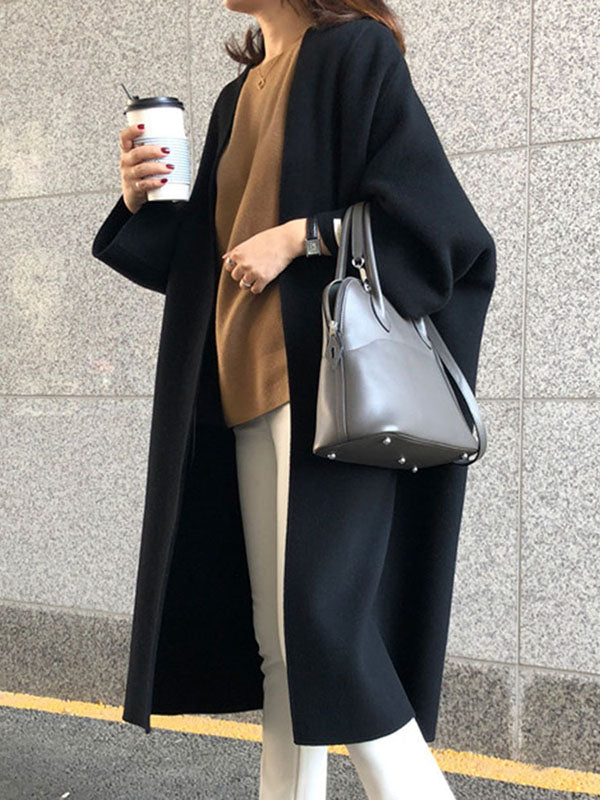 Long Sleeve Loose Solid Color Collarless Woolen Coat