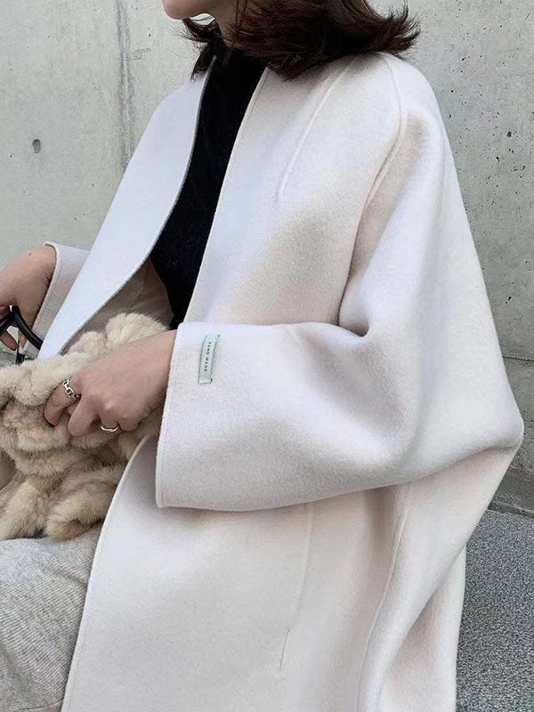 Long Sleeve Loose Solid Color Collarless Woolen Coat