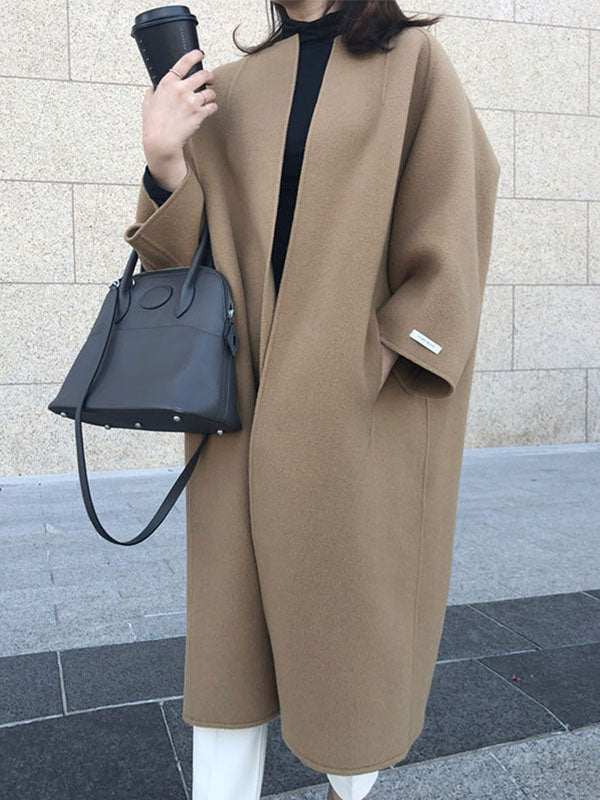 Long Sleeve Loose Solid Color Collarless Woolen Coat
