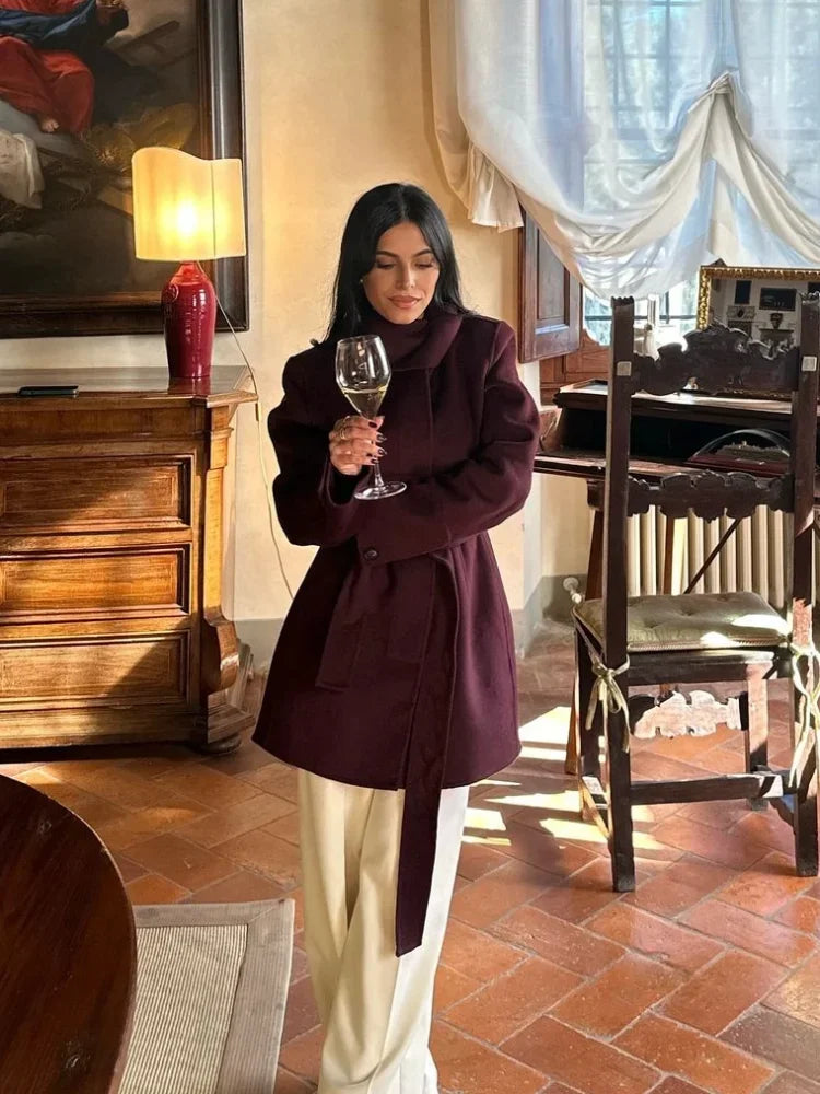 Burgundy Wool Blends Midi Coat
