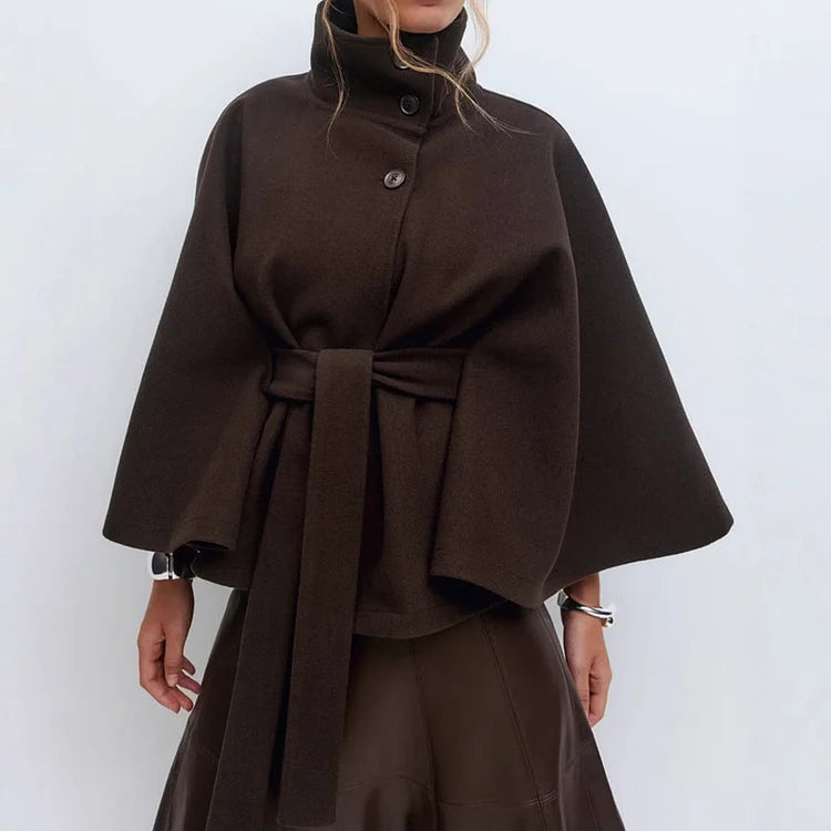 Solid Color Cape Stand Collar Button Belt Trench Coat