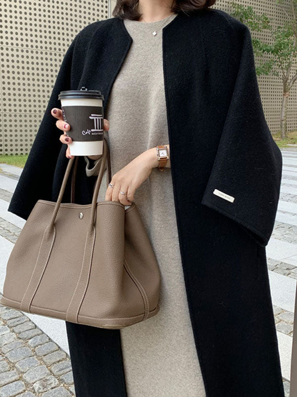 Long Sleeve Loose Solid Color Collarless Woolen Coat