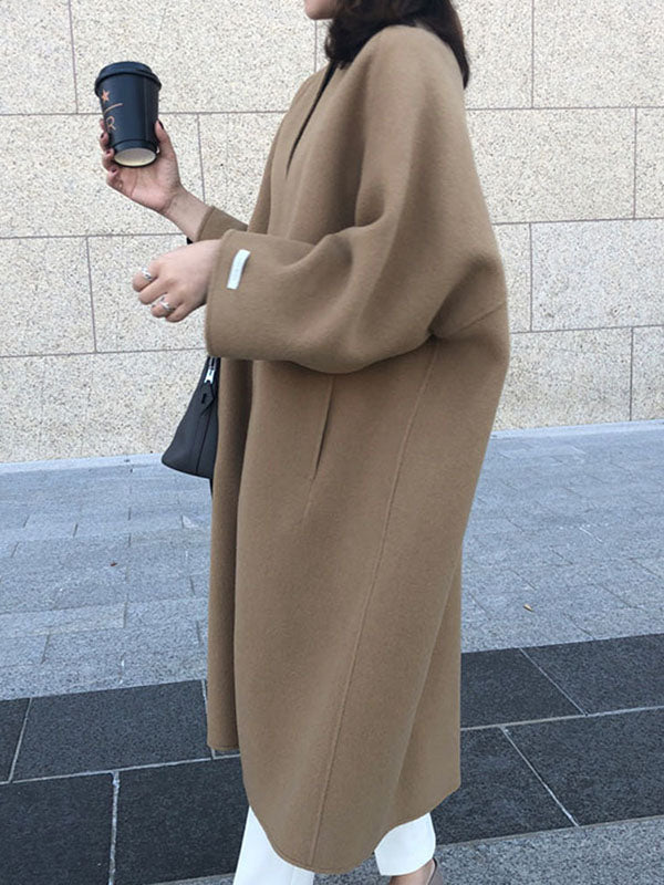 Long Sleeve Loose Solid Color Collarless Woolen Coat
