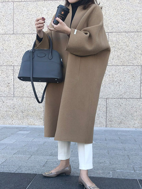 Long Sleeve Loose Solid Color Collarless Woolen Coat