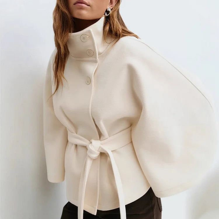 Solid Color Cape Stand Collar Button Belt Trench Coat