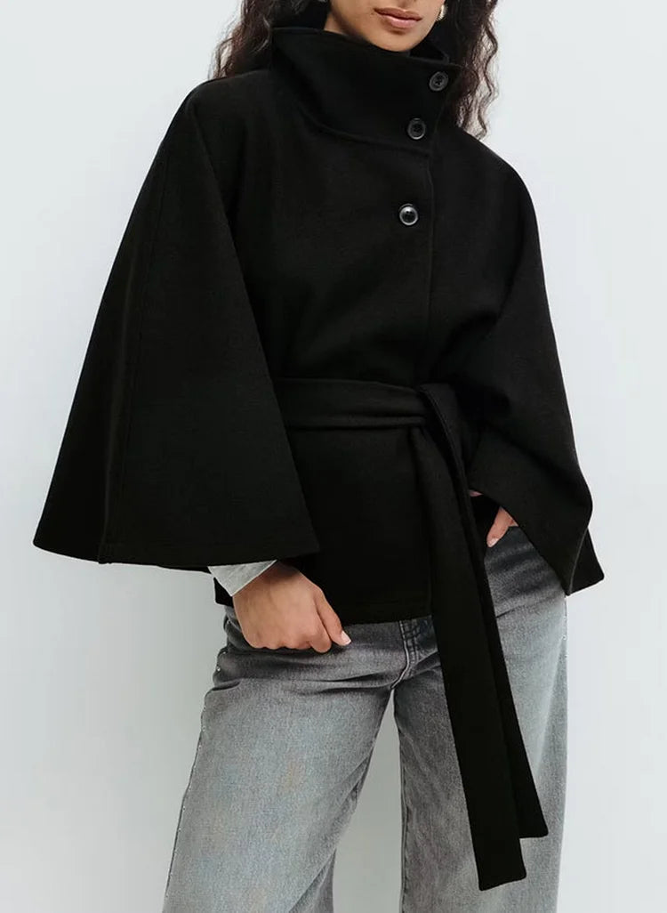 Solid Color Cape Stand Collar Button Belt Trench Coat