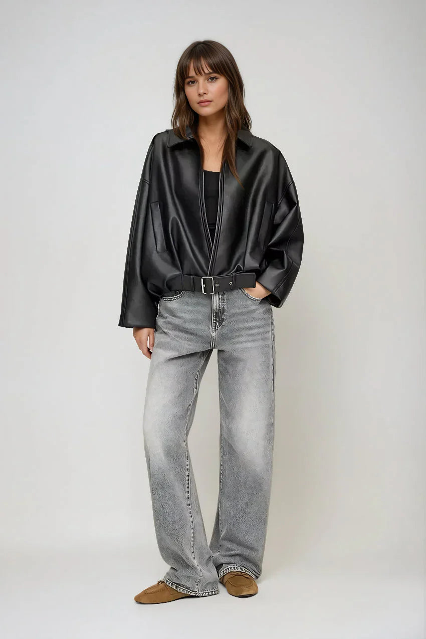 Oversized Vegan Leather Jacket - Rits & Tailleband
