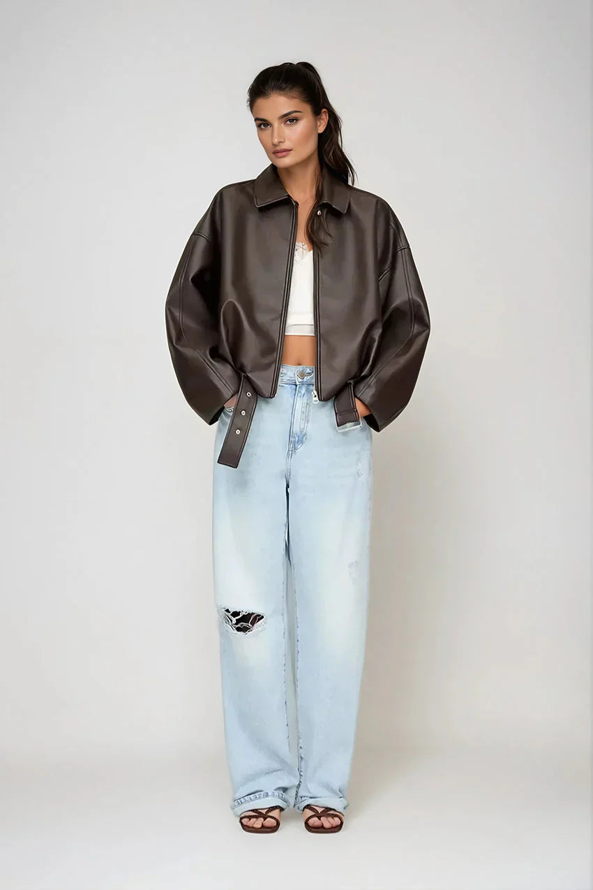 Oversized Vegan Leather Jacket - Rits & Tailleband