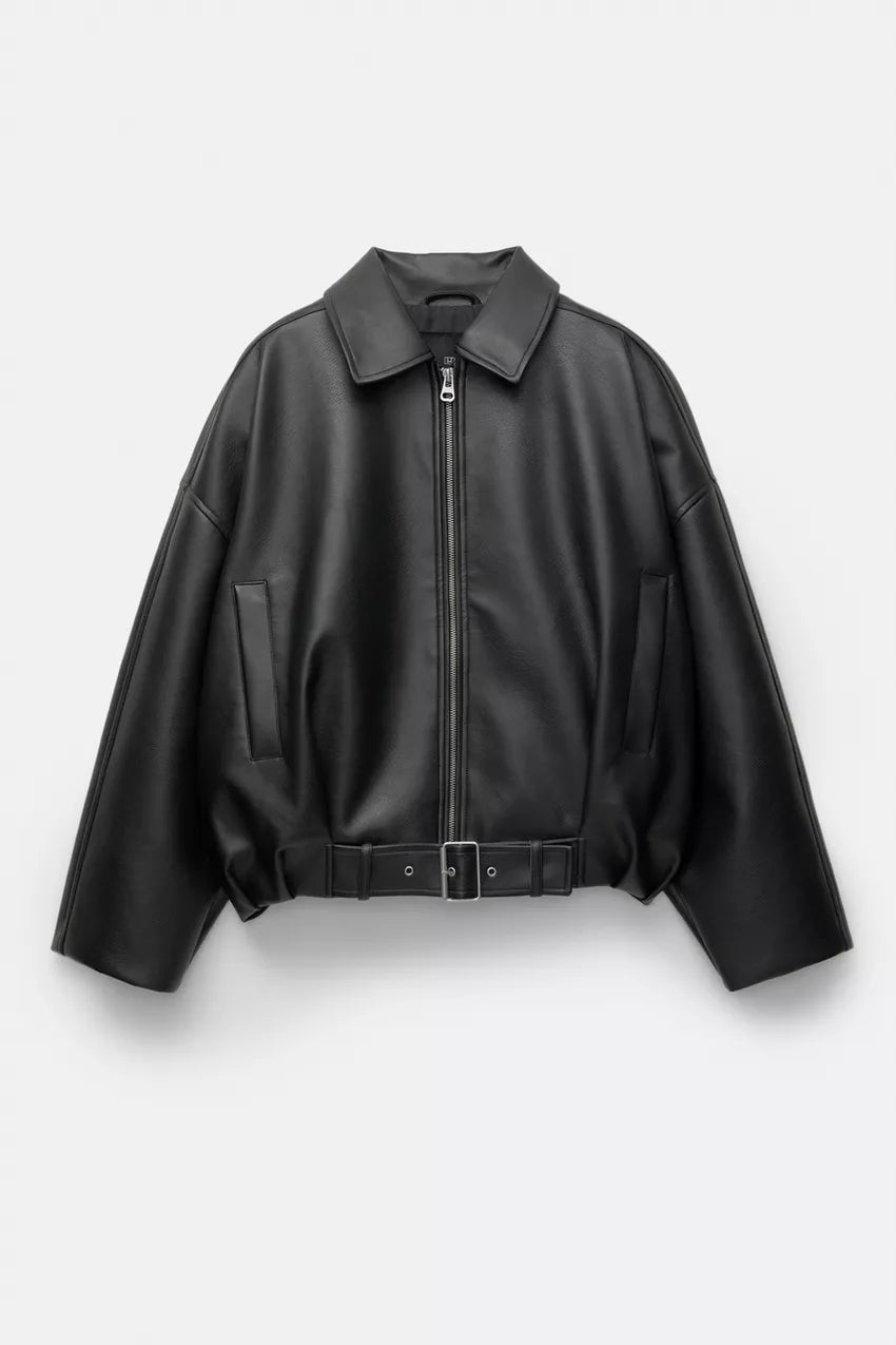 Oversized Vegan Leather Jacket - Rits & Tailleband