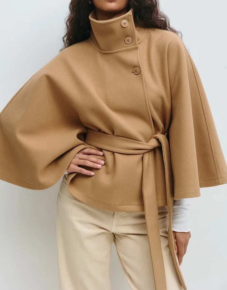 Solid Color Cape Stand Collar Button Belt Trench Coat