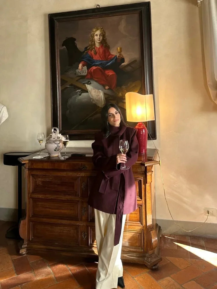 Burgundy Wool Blends Midi Coat