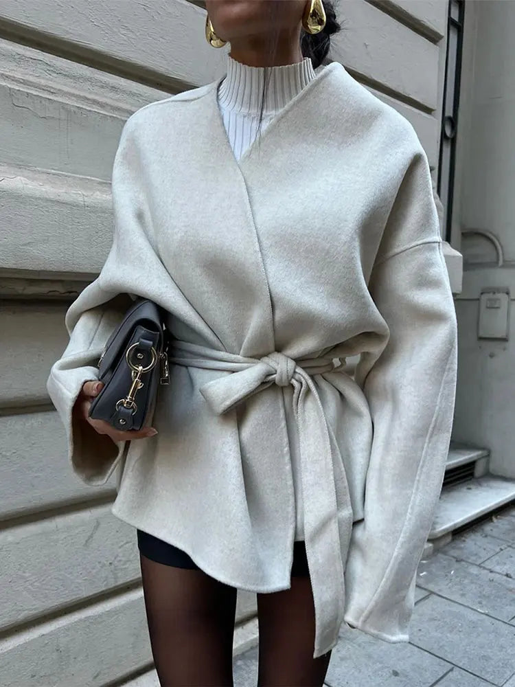 Solid Lace-up V-neck Cardigan Coat