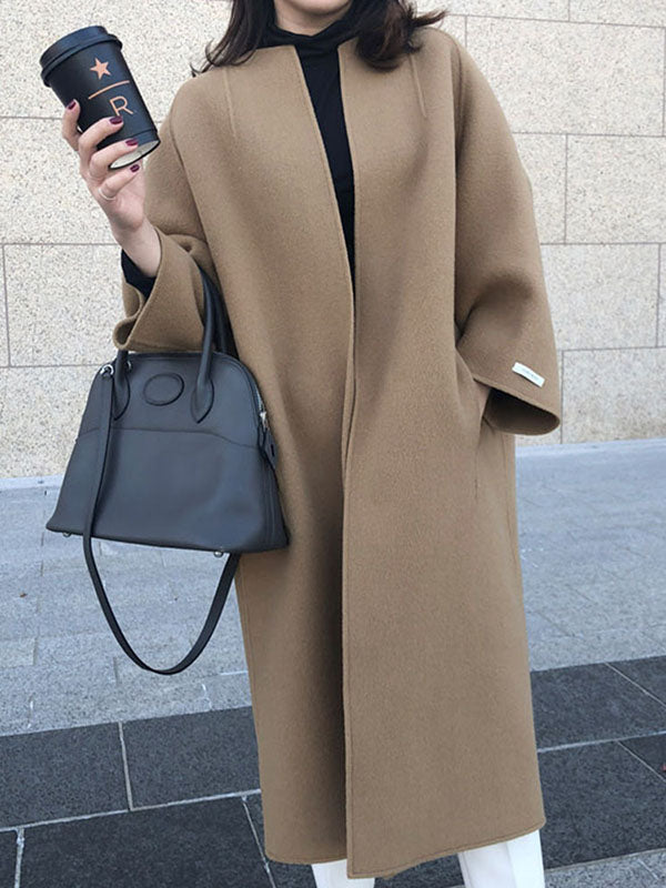 Long Sleeve Loose Solid Color Collarless Woolen Coat